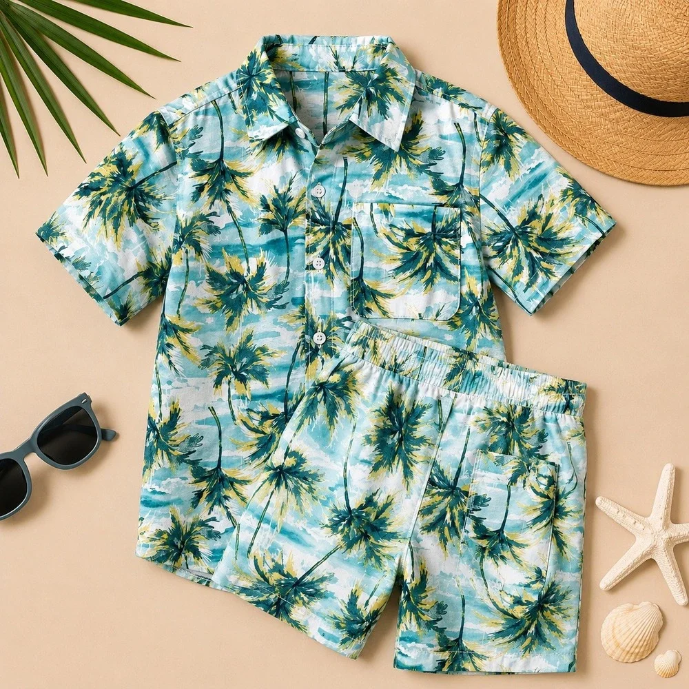 Old Navy Boys Size 8 Palm Tree Tropical Shirt Swim Trunks 2 Piece Set